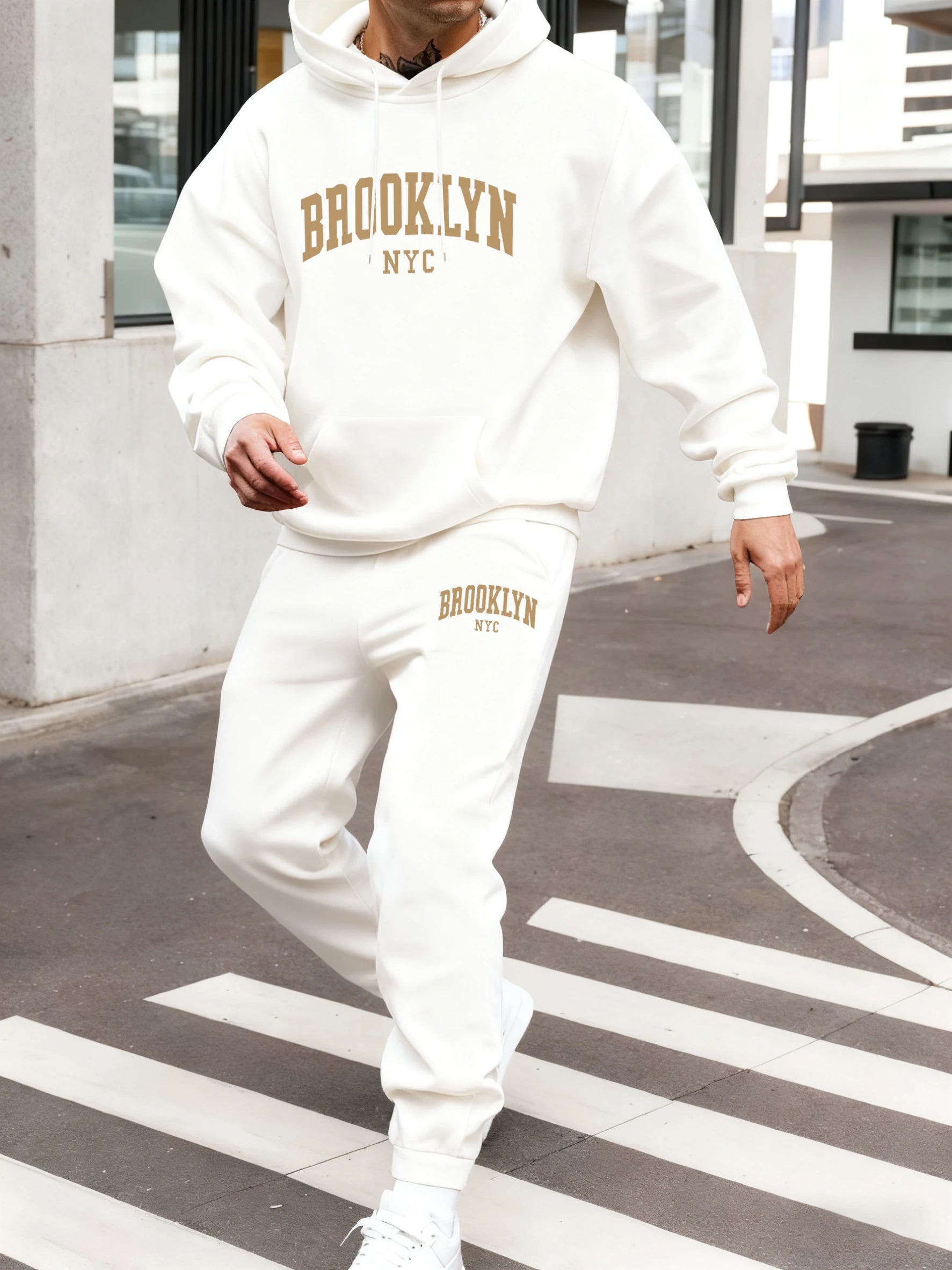 Brooklyn Nyc Letter Print Hoodie Set Men Autumn Street Sweatshirts Pocket Fleece Sportpants Casual Jogging Long Pants Men'S Sets