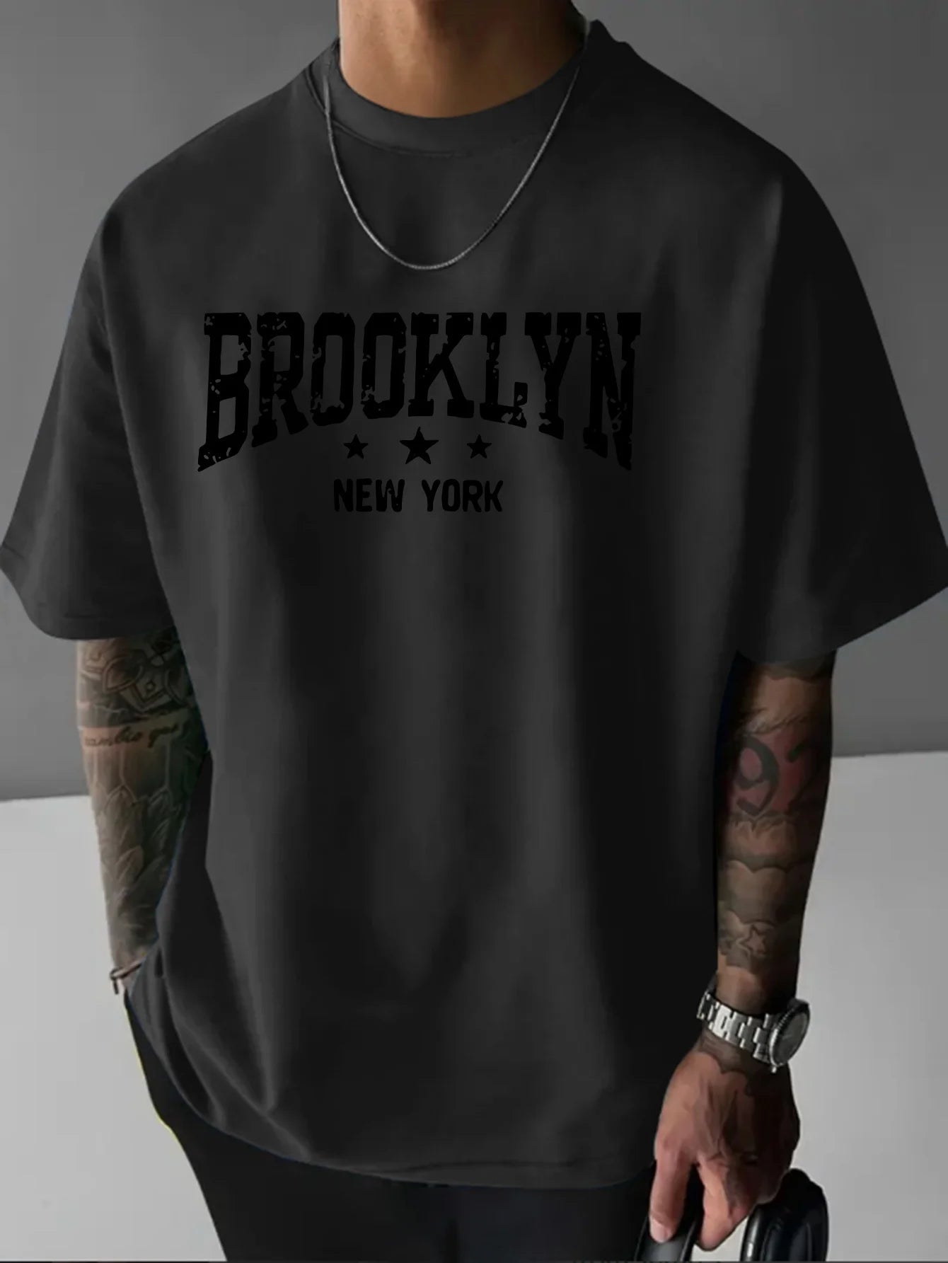 Men's 100% pure cotton fashionable casual loose Brooklyn New York pattern printed round neck short sleeved T-shirt top