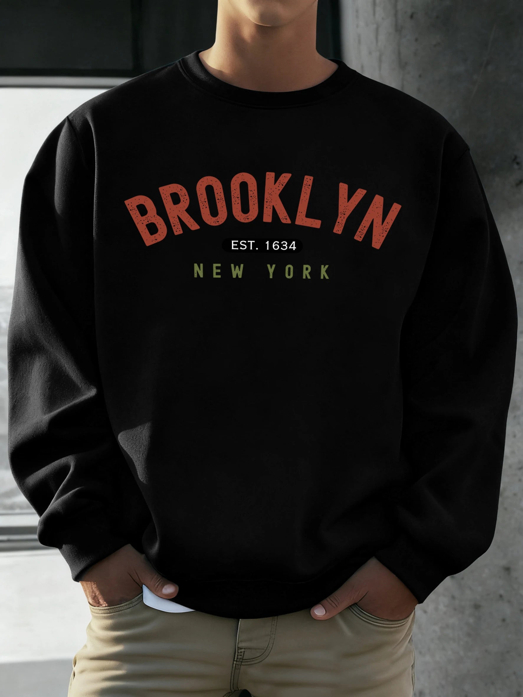 Brooklyn New York Est.1634 Print Streetwear Male Fleece Sweatshirt Autumn Casual O-Neck Clothes Unisex Vintage Soft Long Sleeve