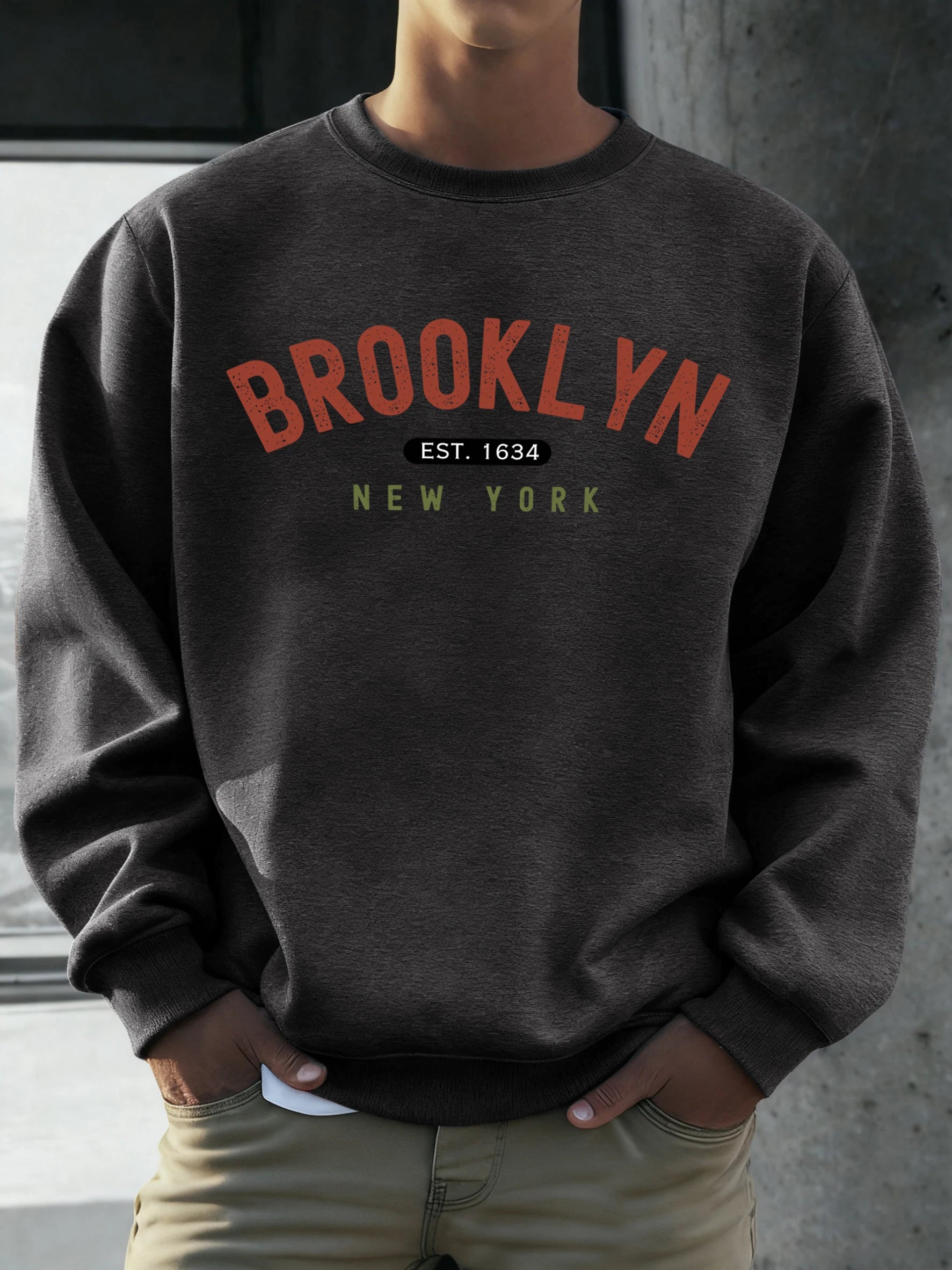 Brooklyn New York Est.1634 Print Streetwear Male Fleece Sweatshirt Autumn Casual O-Neck Clothes Unisex Vintage Soft Long Sleeve