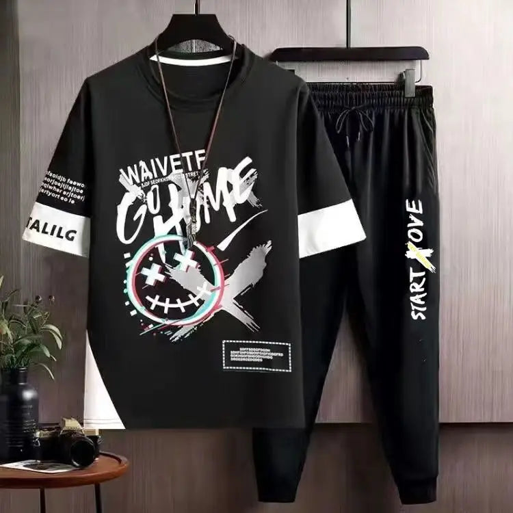 Clothes for Men Cool Stylish Tracksuit Elastic Pants Sets Jogging Polyester Chic Top Sports Suits Novelty In Kpop S Male T Shirt