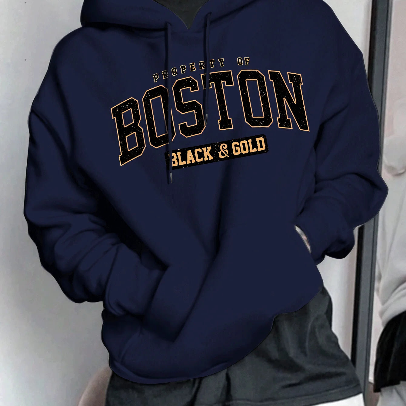 Men's Spring and Autumn Casual Warm Loose Fashion Boston Letter Pattern Printed Long Sleeve Round Neck Hoodie