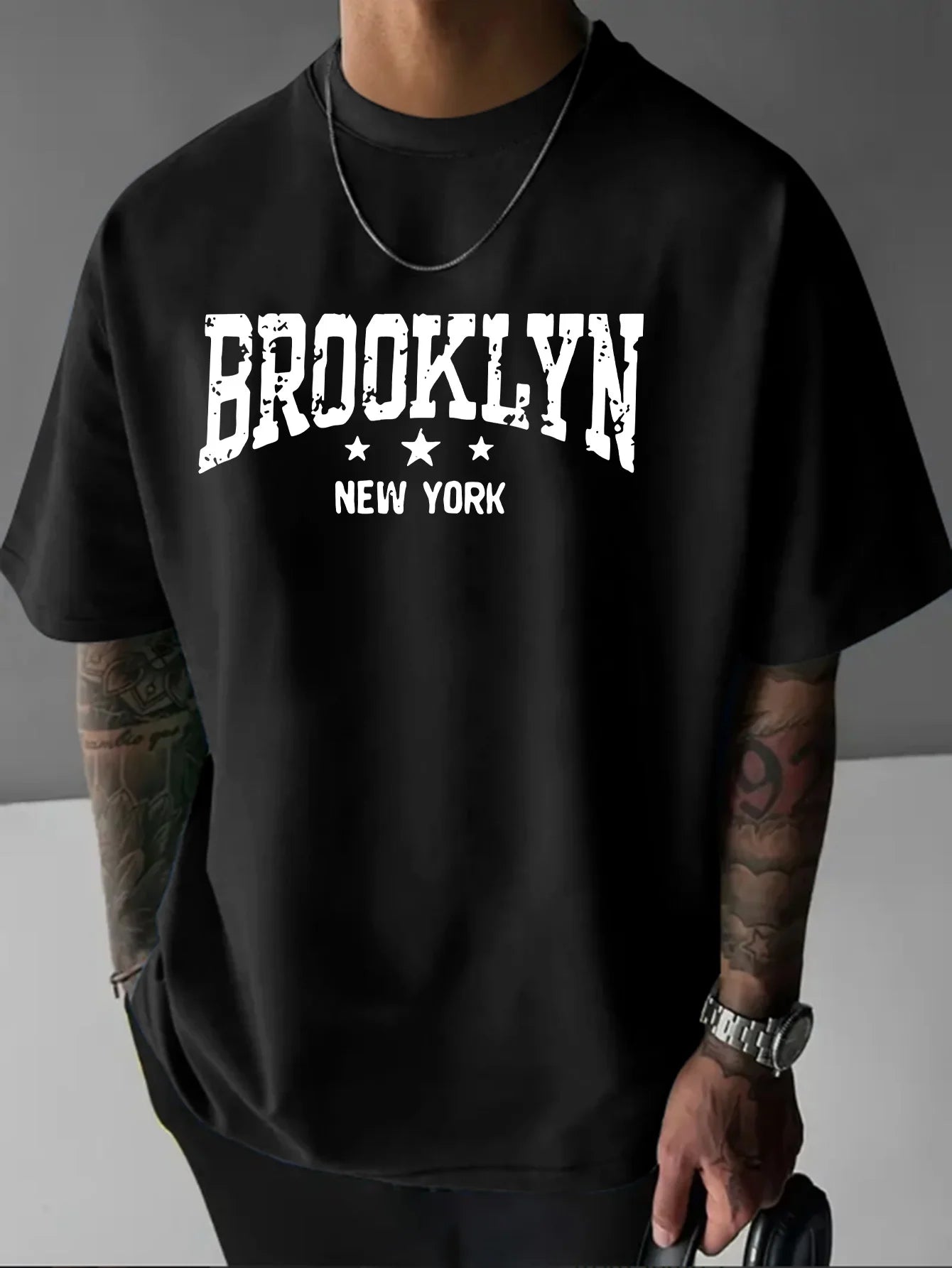 Men's 100% pure cotton fashionable casual loose Brooklyn New York pattern printed round neck short sleeved T-shirt top