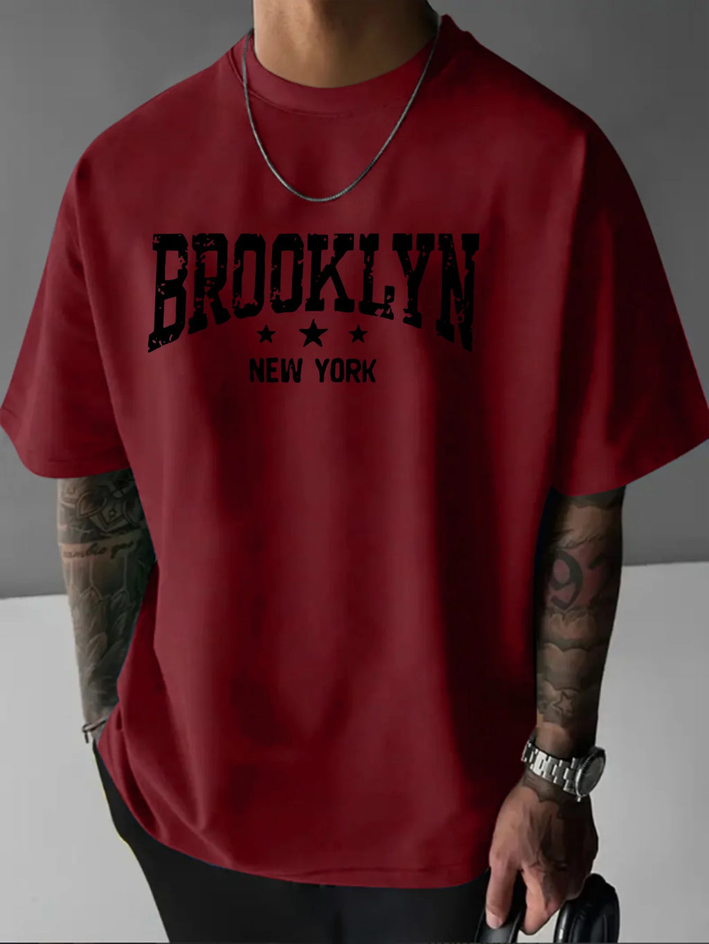 Men's 100% pure cotton fashionable casual loose Brooklyn New York pattern printed round neck short sleeved T-shirt top