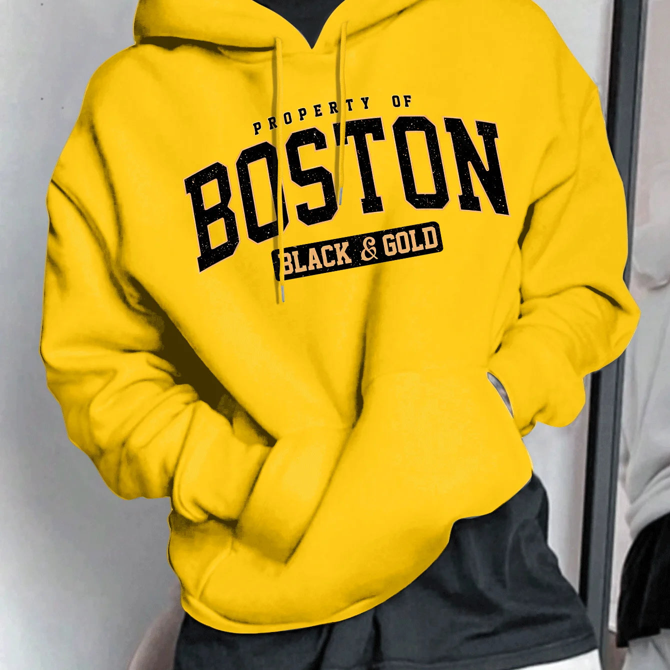 Men's Spring and Autumn Casual Warm Loose Fashion Boston Letter Pattern Printed Long Sleeve Round Neck Hoodie