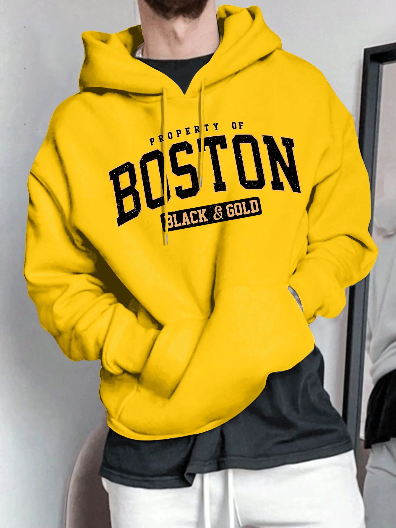 Men's Spring and Autumn Casual Warm Loose Fashion Boston Letter Pattern Printed Long Sleeve Round Neck Hoodie