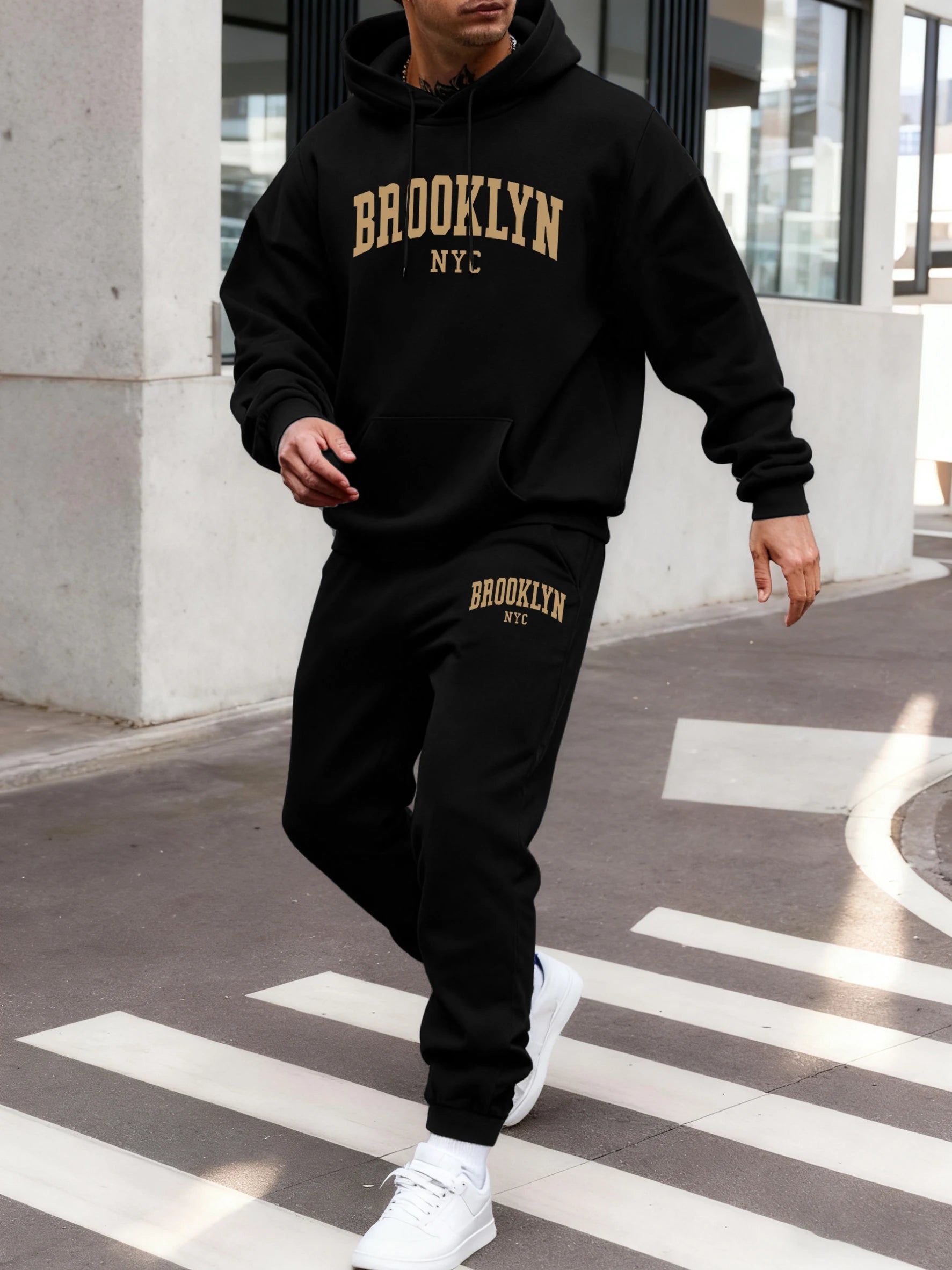 Brooklyn Nyc Letter Print Hoodie Set Men Autumn Street Sweatshirts Pocket Fleece Sportpants Casual Jogging Long Pants Men'S Sets