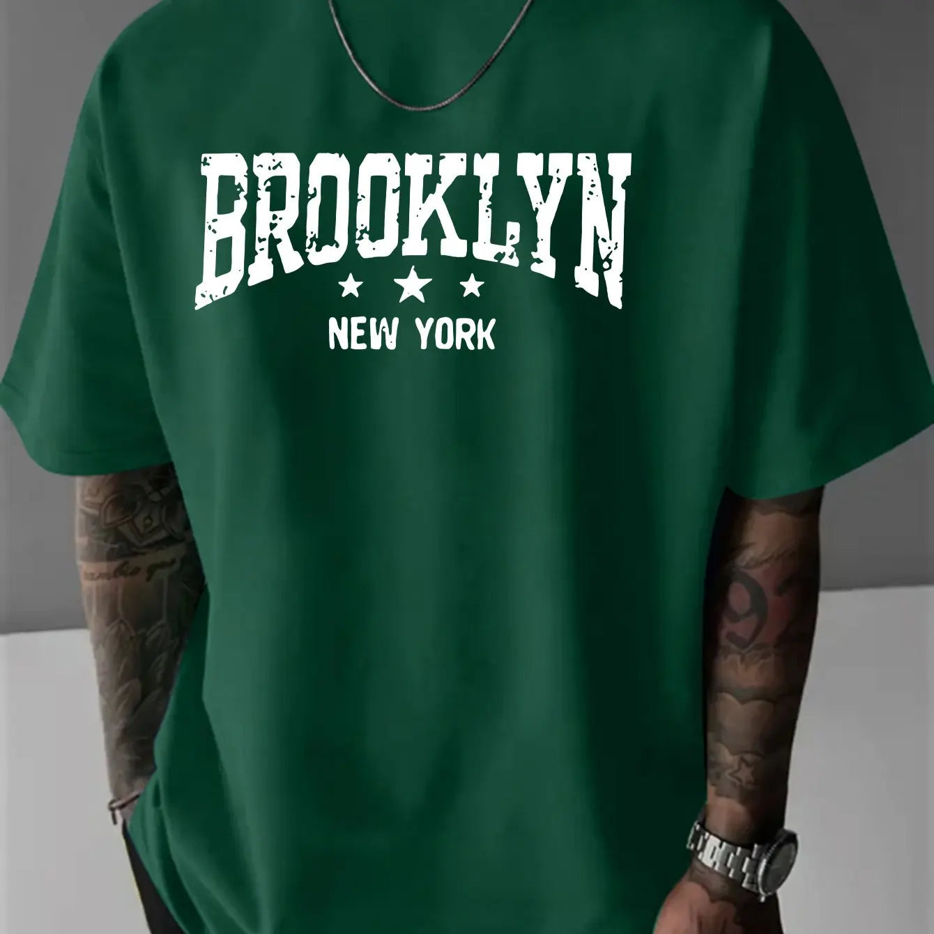 Men's 100% pure cotton fashionable casual loose Brooklyn New York pattern printed round neck short sleeved T-shirt top