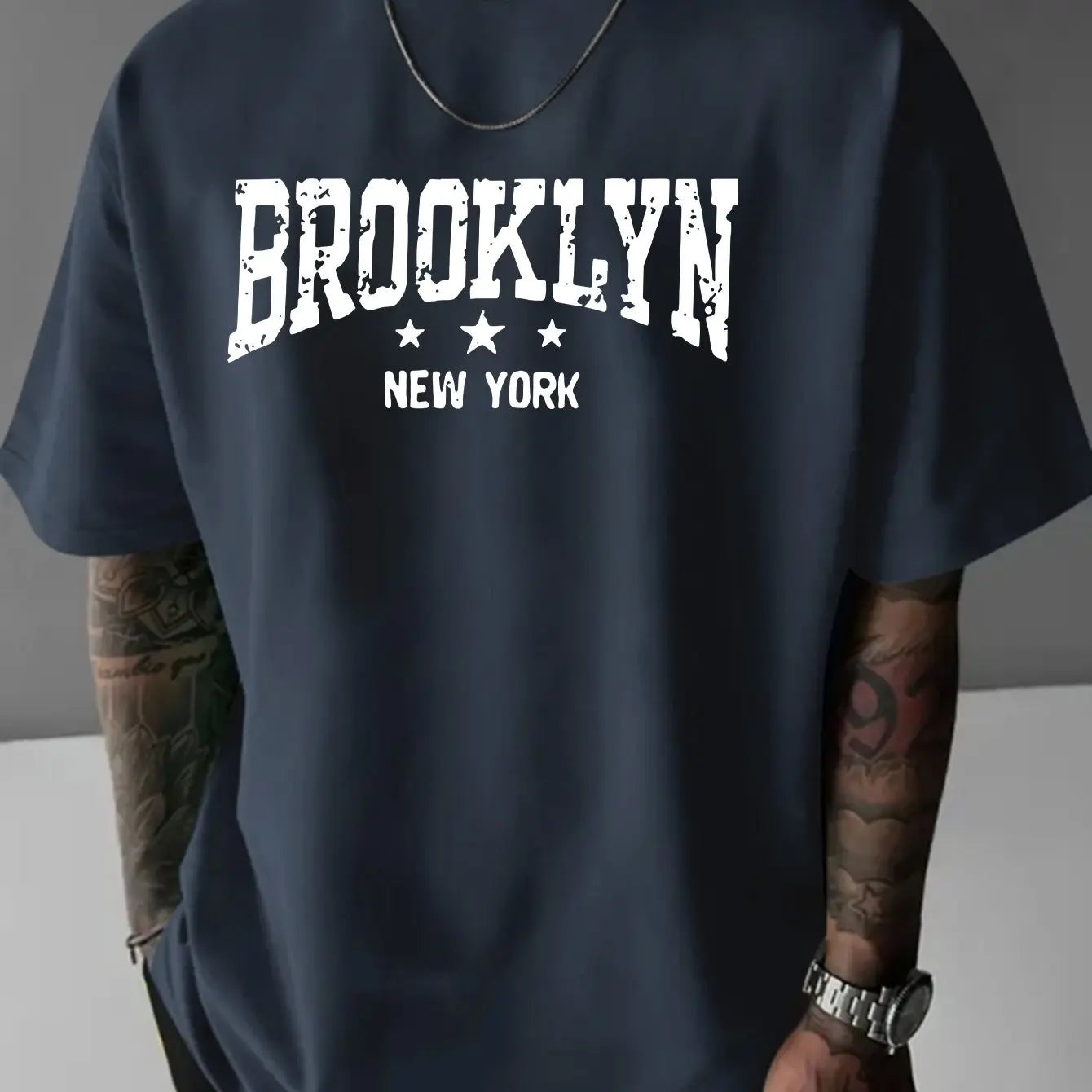 Men's 100% pure cotton fashionable casual loose Brooklyn New York pattern printed round neck short sleeved T-shirt top