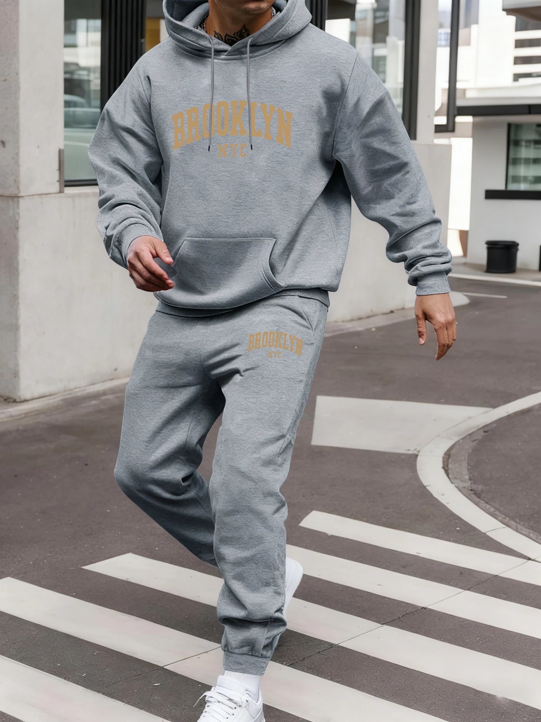 Brooklyn Nyc Letter Print Hoodie Set Men Autumn Street Sweatshirts Pocket Fleece Sportpants Casual Jogging Long Pants Men'S Sets