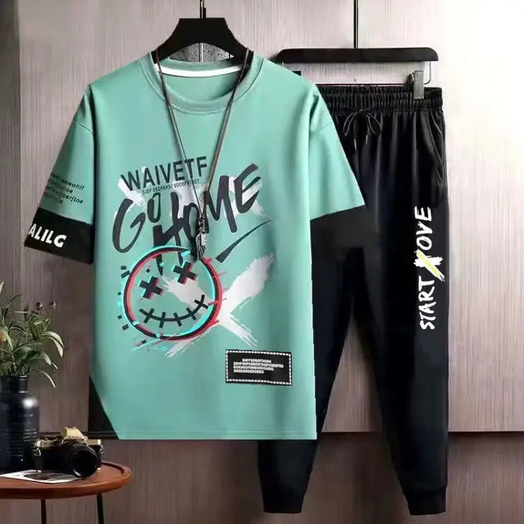 Clothes for Men Cool Stylish Tracksuit Elastic Pants Sets Jogging Polyester Chic Top Sports Suits Novelty In Kpop S Male T Shirt