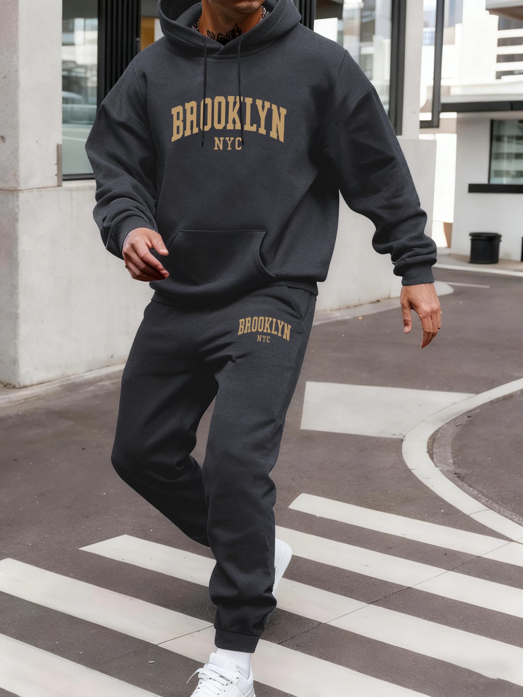 Brooklyn Nyc Letter Print Hoodie Set Men Autumn Street Sweatshirts Pocket Fleece Sportpants Casual Jogging Long Pants Men'S Sets