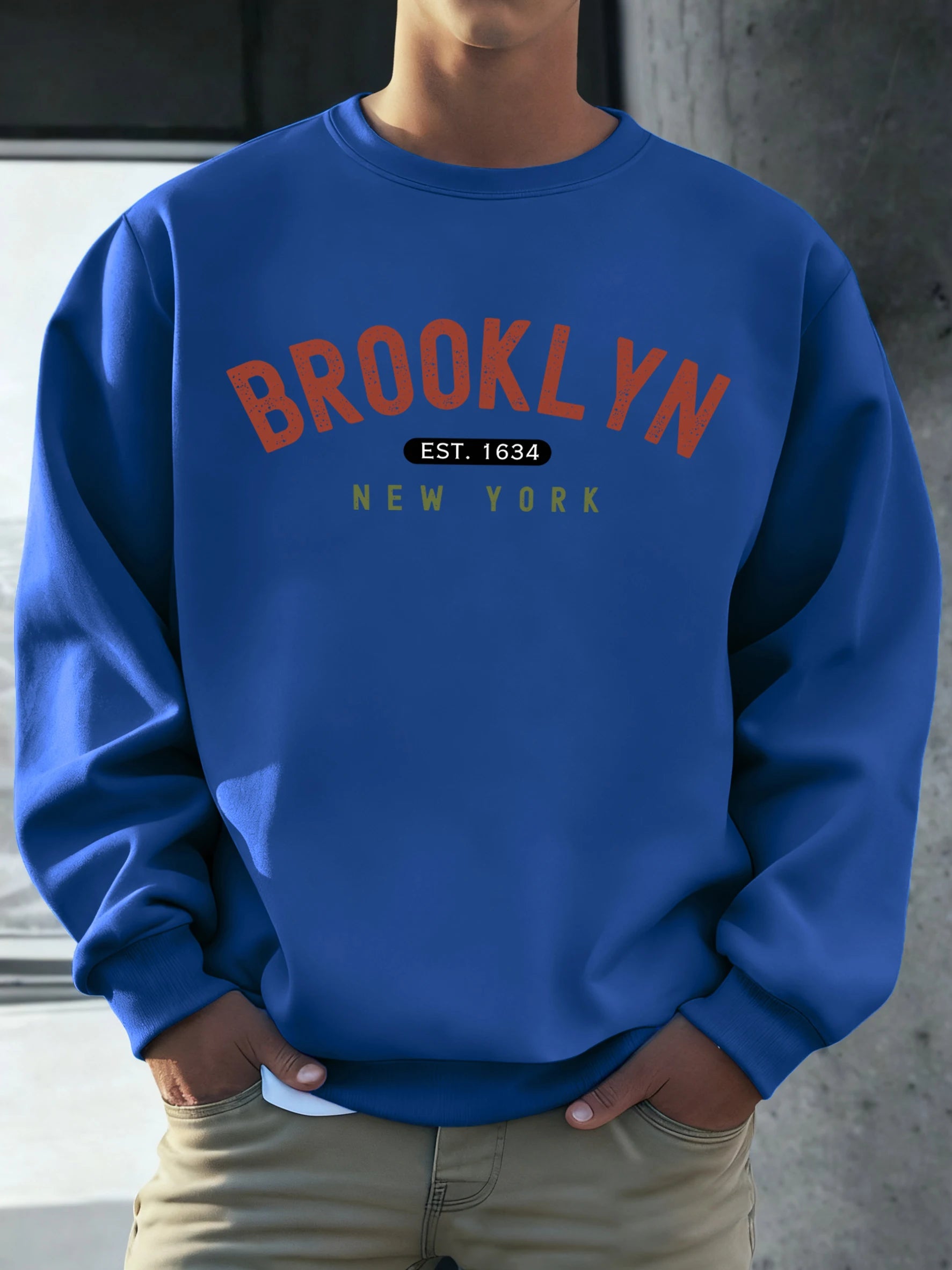 Brooklyn New York Est.1634 Print Streetwear Male Fleece Sweatshirt Autumn Casual O-Neck Clothes Unisex Vintage Soft Long Sleeve