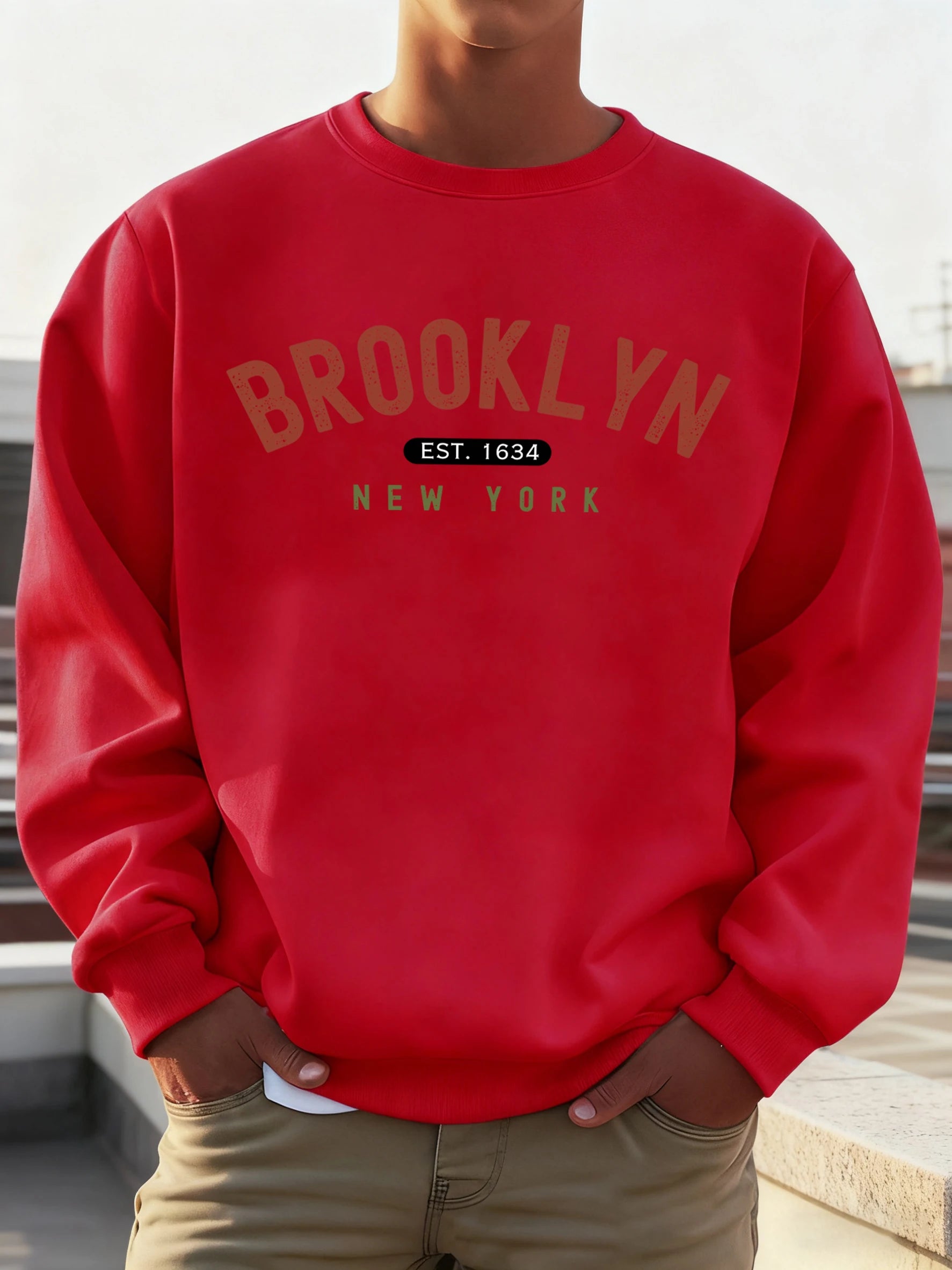 Brooklyn New York Est.1634 Print Streetwear Male Fleece Sweatshirt Autumn Casual O-Neck Clothes Unisex Vintage Soft Long Sleeve
