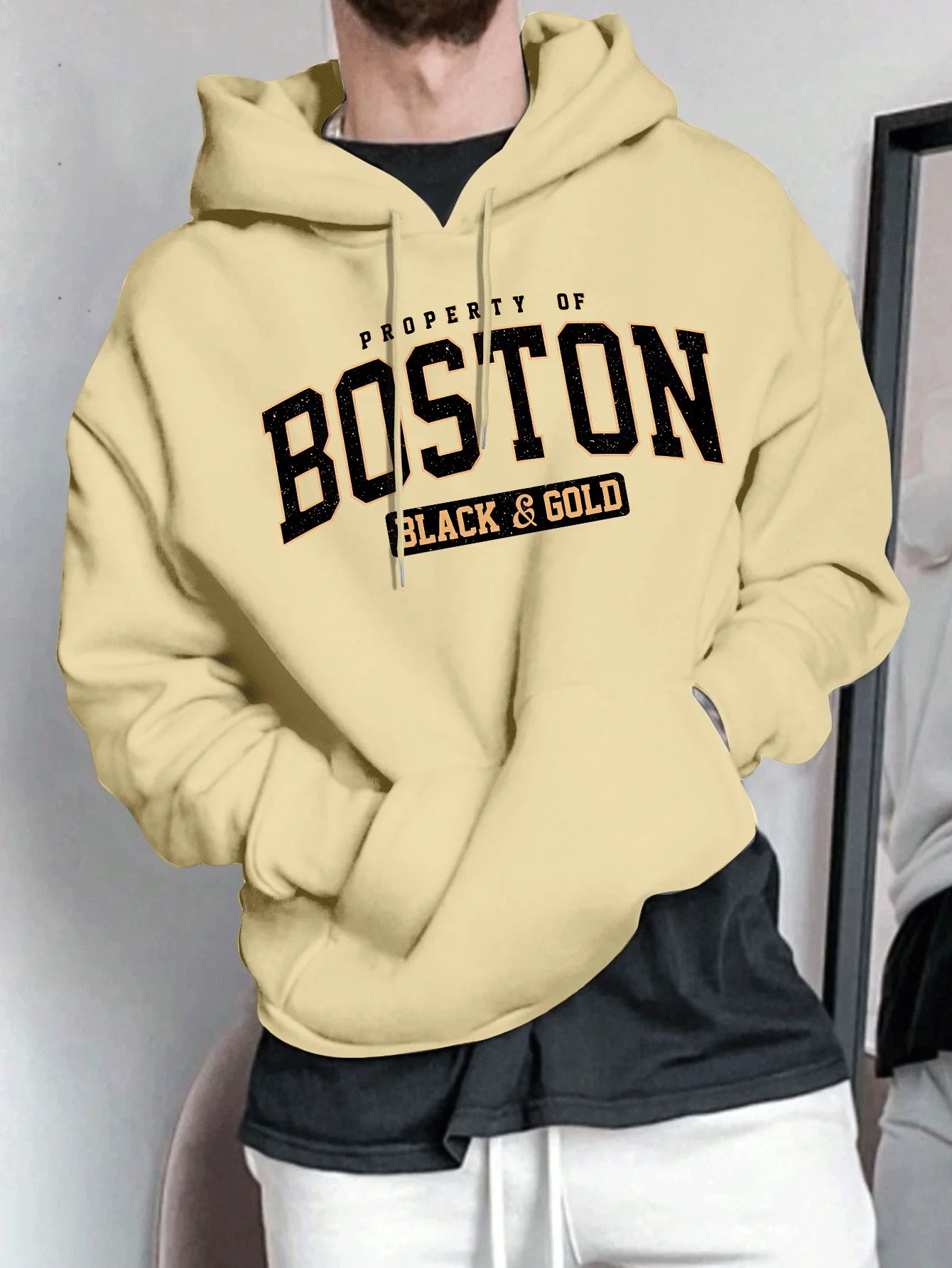 Men's Spring and Autumn Casual Warm Loose Fashion Boston Letter Pattern Printed Long Sleeve Round Neck Hoodie