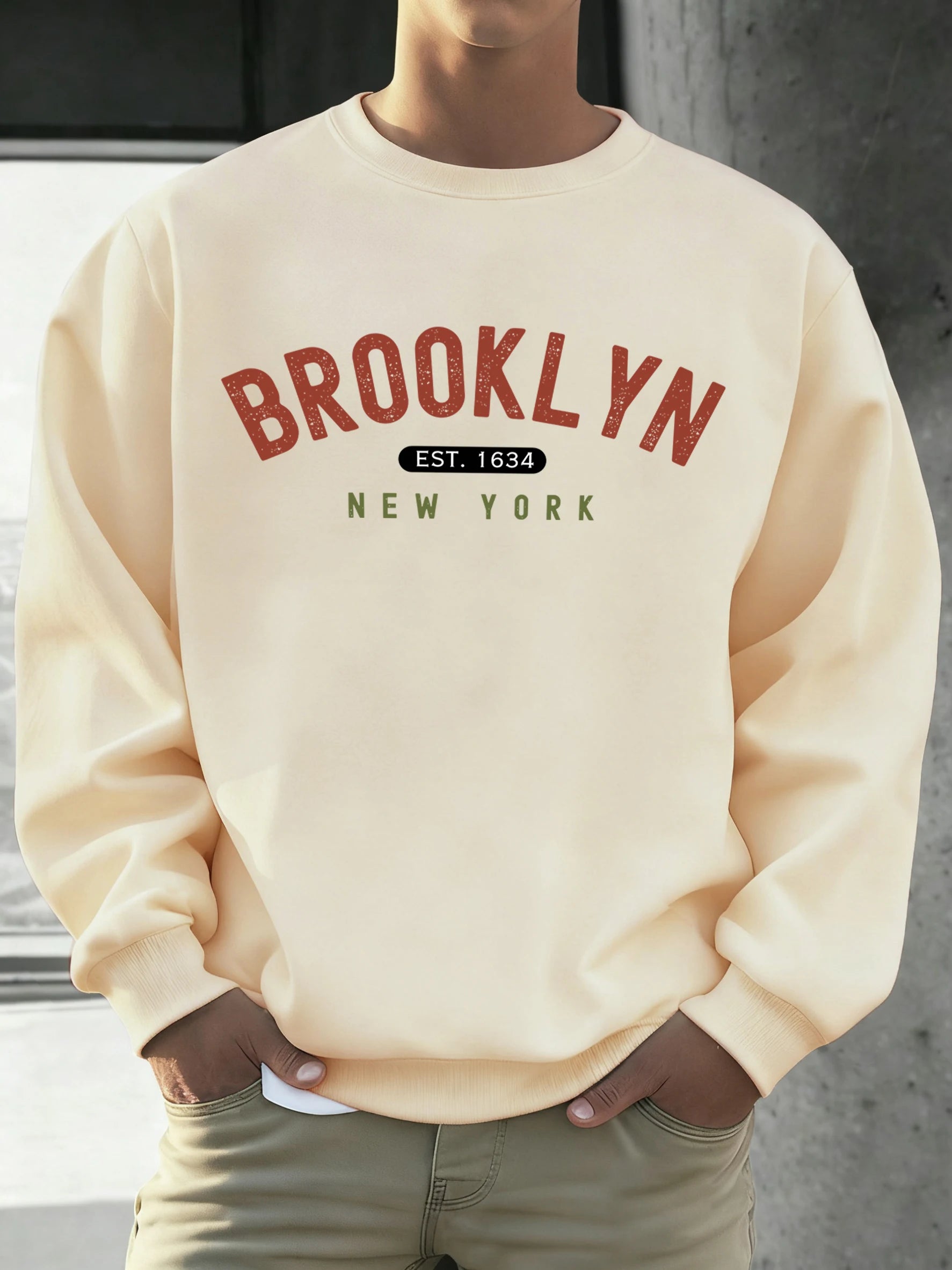 Brooklyn New York Est.1634 Print Streetwear Male Fleece Sweatshirt Autumn Casual O-Neck Clothes Unisex Vintage Soft Long Sleeve