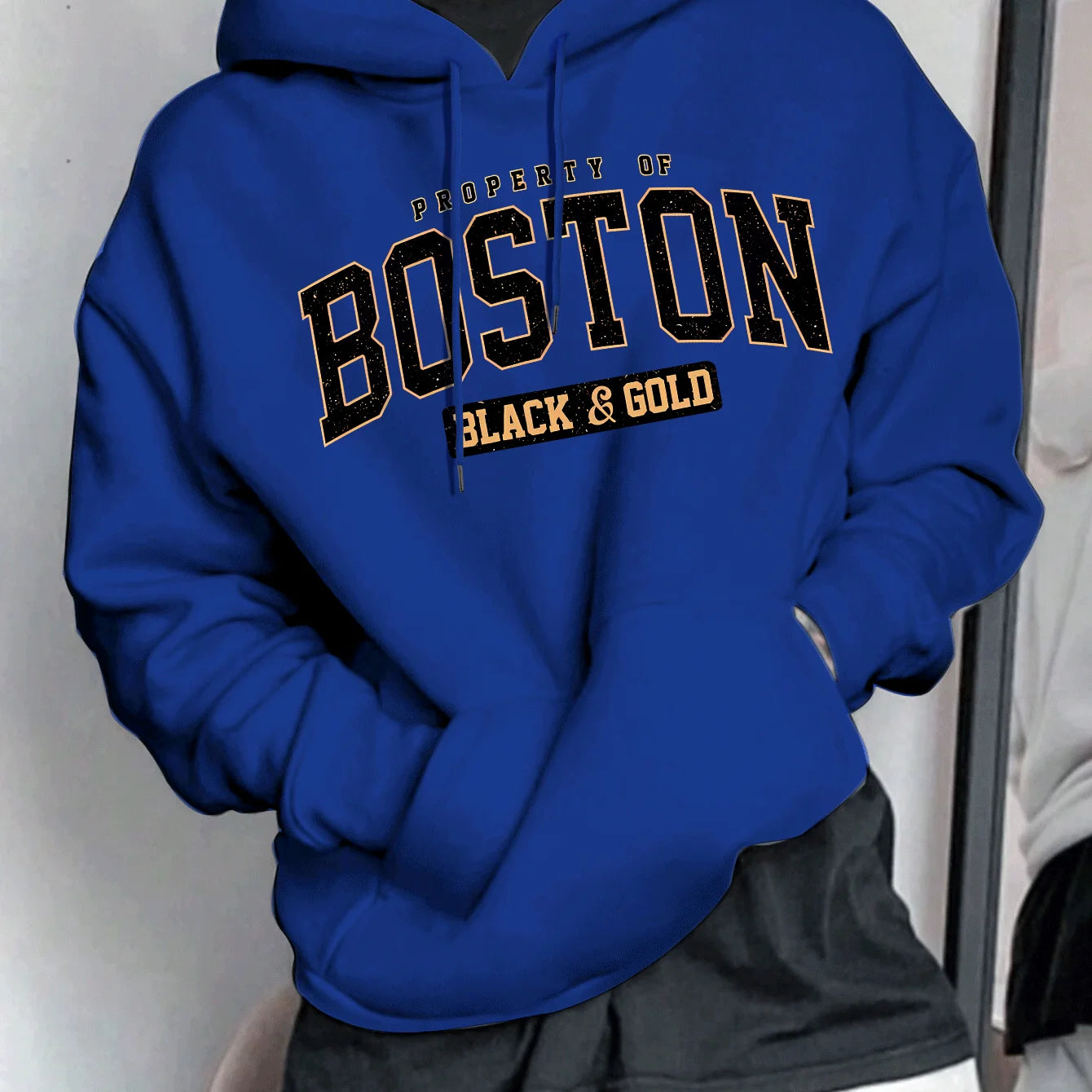 Men's Spring and Autumn Casual Warm Loose Fashion Boston Letter Pattern Printed Long Sleeve Round Neck Hoodie