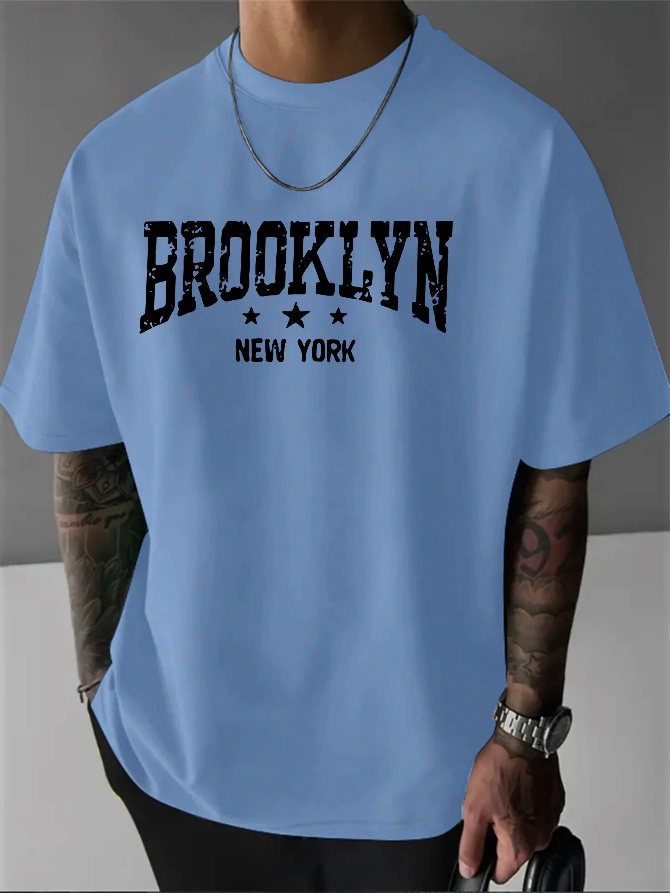 Men's 100% pure cotton fashionable casual loose Brooklyn New York pattern printed round neck short sleeved T-shirt top