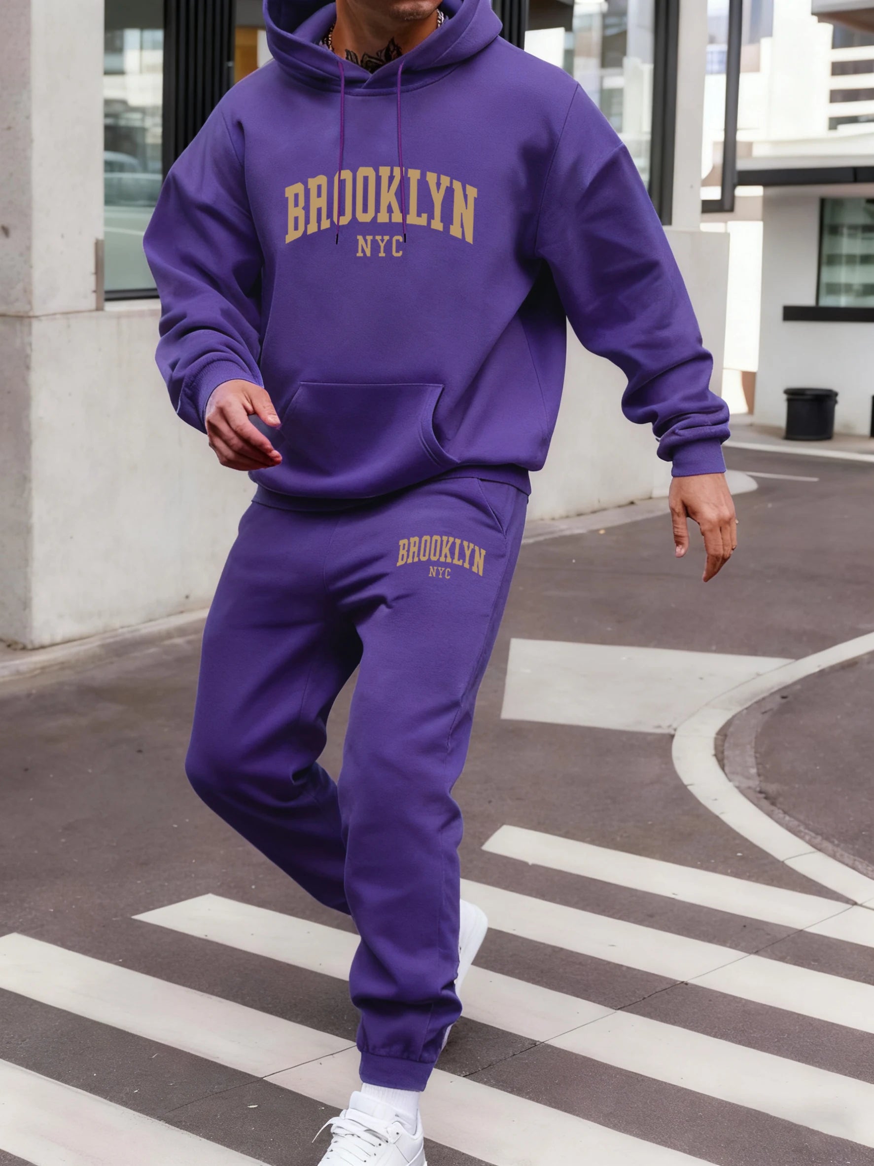 Brooklyn Nyc Letter Print Hoodie Set Men Autumn Street Sweatshirts Pocket Fleece Sportpants Casual Jogging Long Pants Men'S Sets