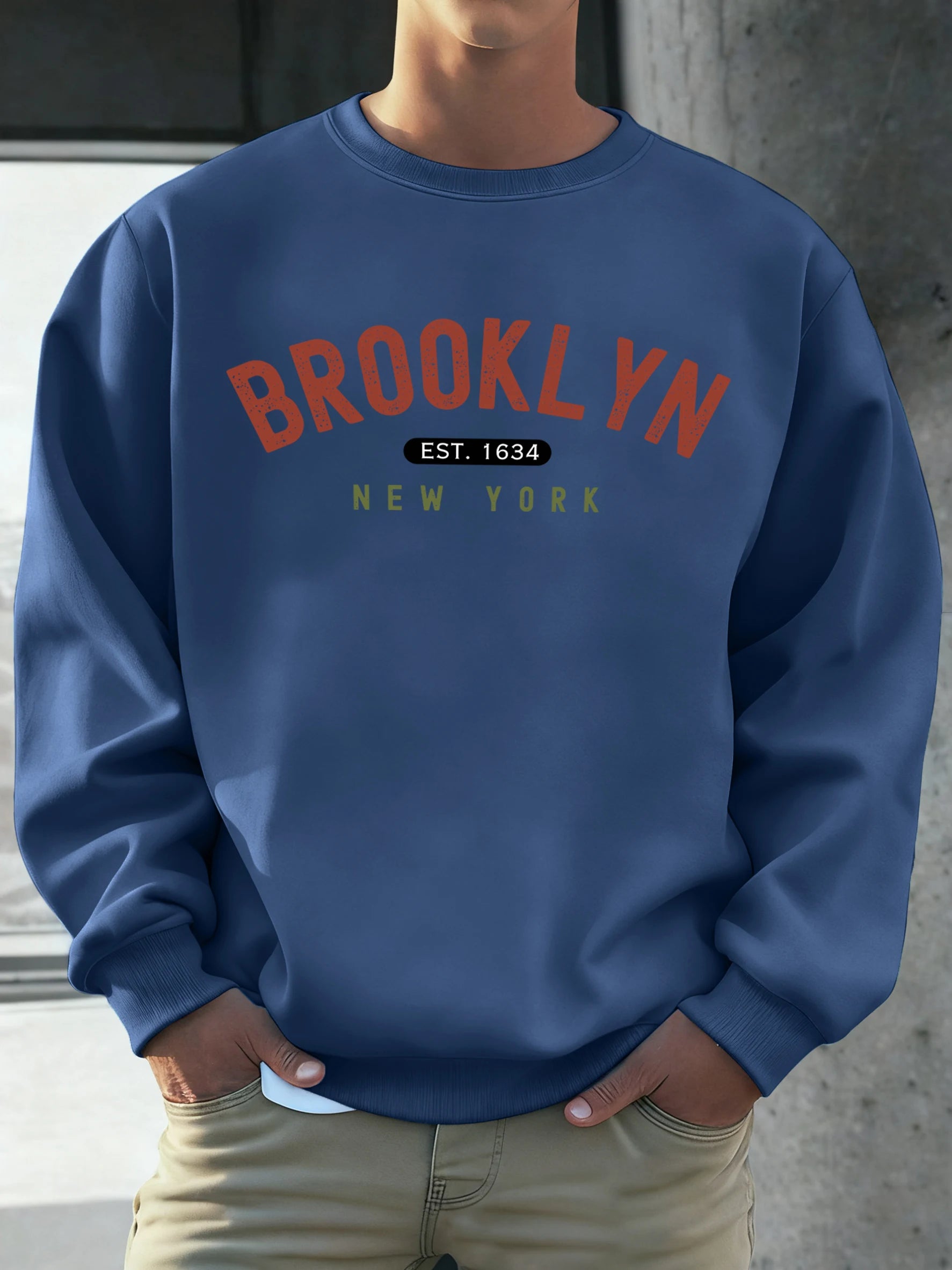 Brooklyn New York Est.1634 Print Streetwear Male Fleece Sweatshirt Autumn Casual O-Neck Clothes Unisex Vintage Soft Long Sleeve