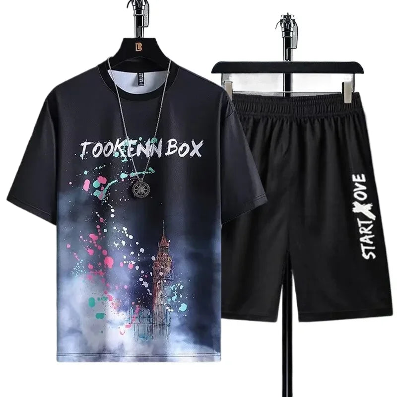 Men's sets Summer Fashion Thin Short-sleeved t shirts + shorts set Men's clothing Casual Quick Dry jogging suit Sportswear Tees