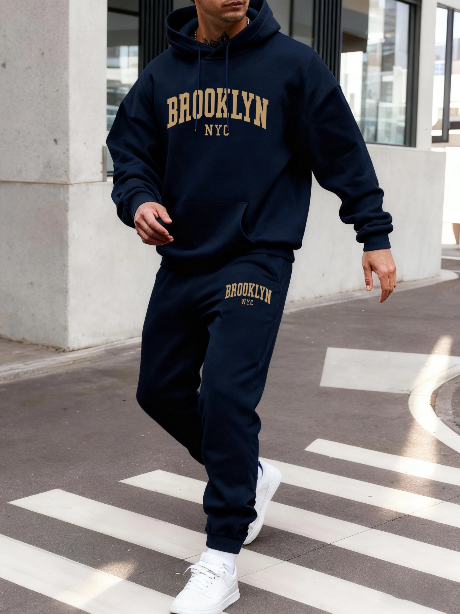 Brooklyn Nyc Letter Print Hoodie Set Men Autumn Street Sweatshirts Pocket Fleece Sportpants Casual Jogging Long Pants Men'S Sets