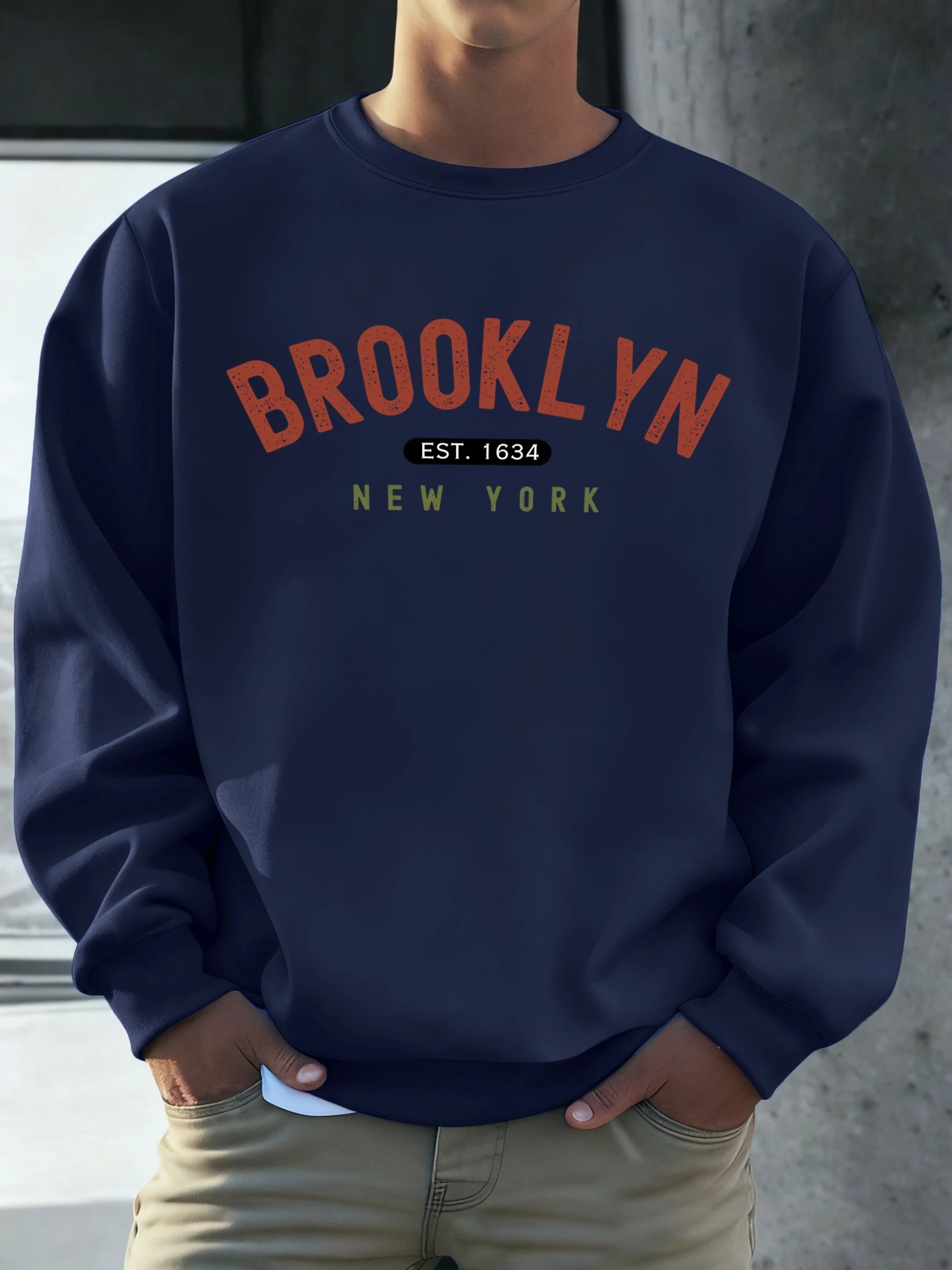 Brooklyn New York Est.1634 Print Streetwear Male Fleece Sweatshirt Autumn Casual O-Neck Clothes Unisex Vintage Soft Long Sleeve