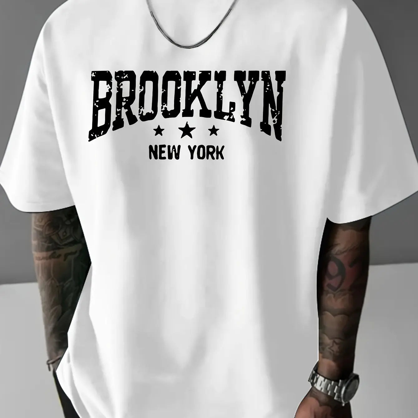 Men's 100% pure cotton fashionable casual loose Brooklyn New York pattern printed round neck short sleeved T-shirt top