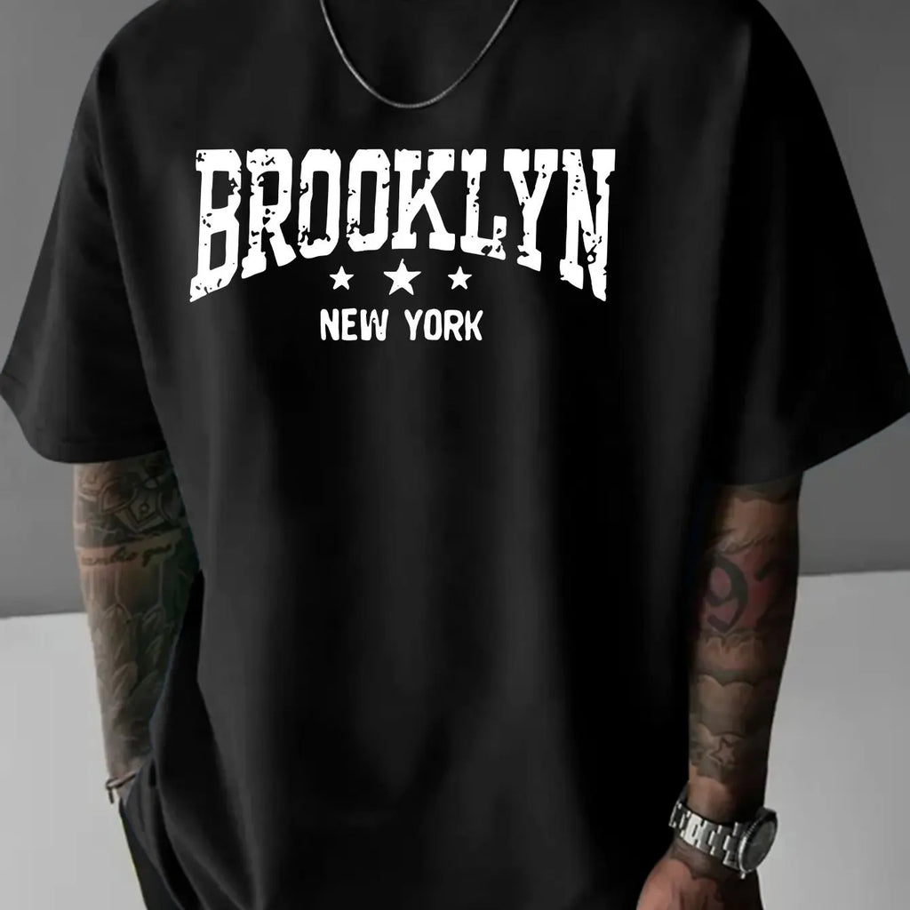 Men's 100% pure cotton fashionable casual loose Brooklyn New York pattern printed round neck short sleeved T-shirt top