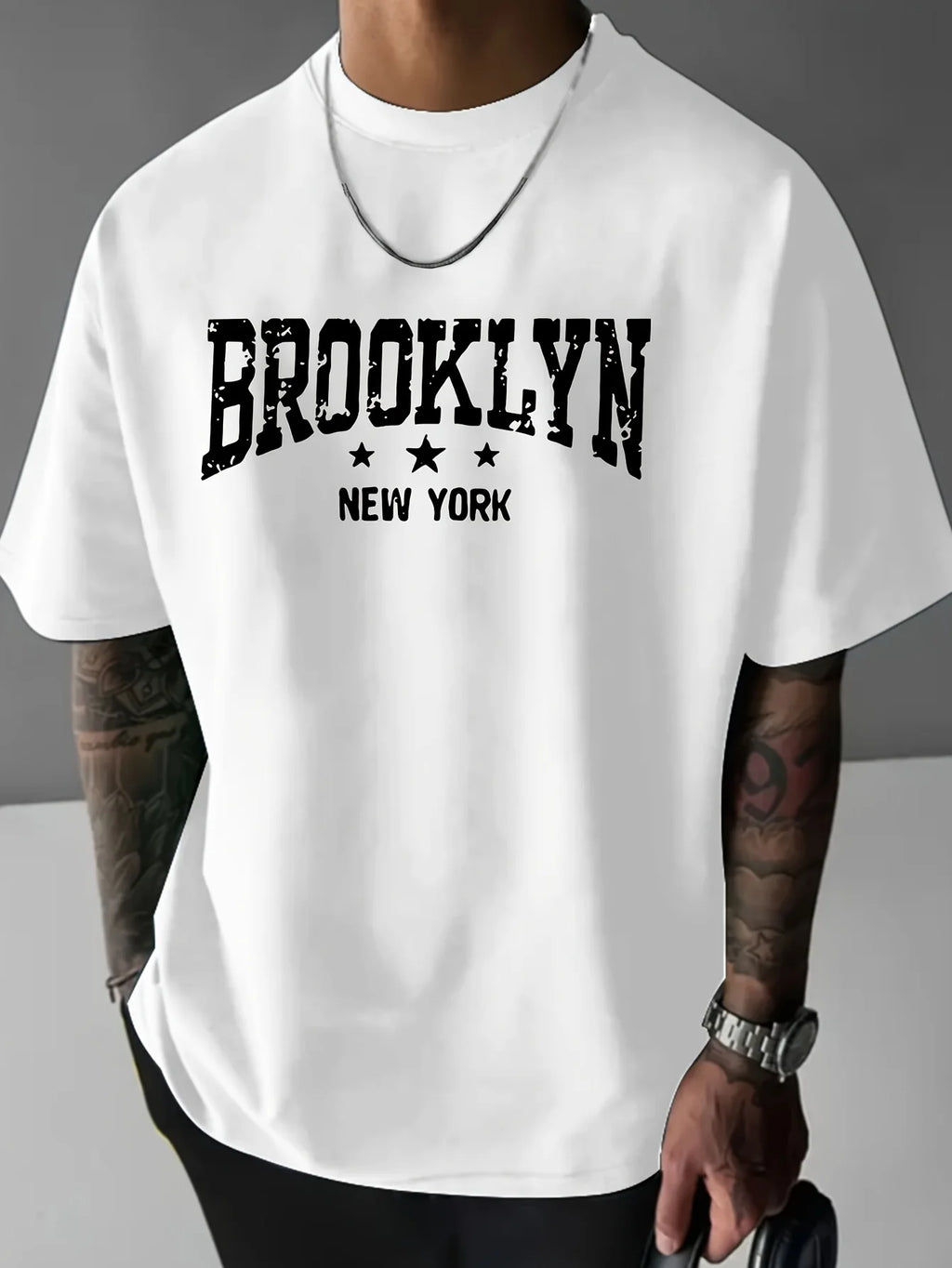 Men's 100% pure cotton fashionable casual loose Brooklyn New York pattern printed round neck short sleeved T-shirt top