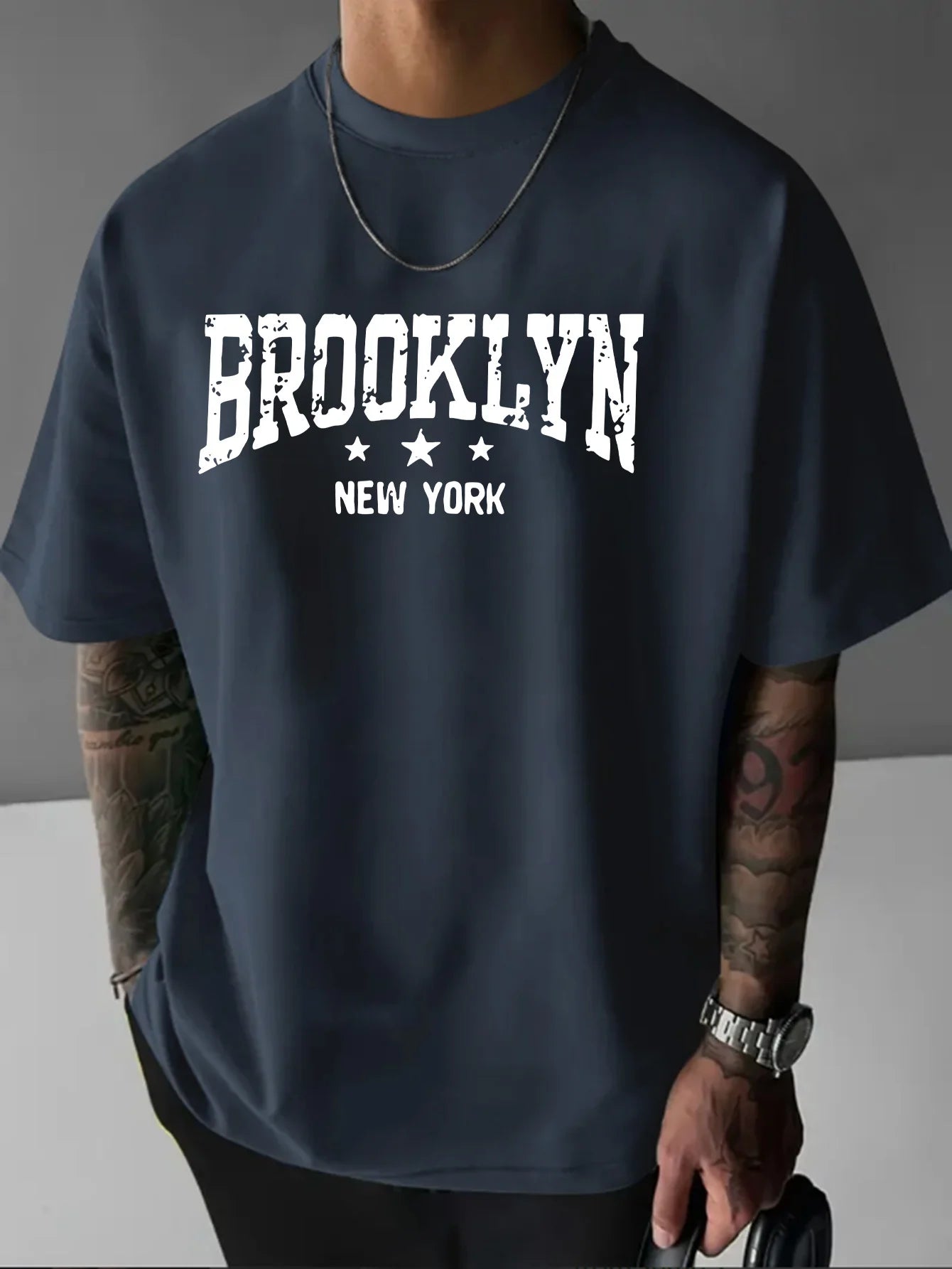 Men's 100% pure cotton fashionable casual loose Brooklyn New York pattern printed round neck short sleeved T-shirt top