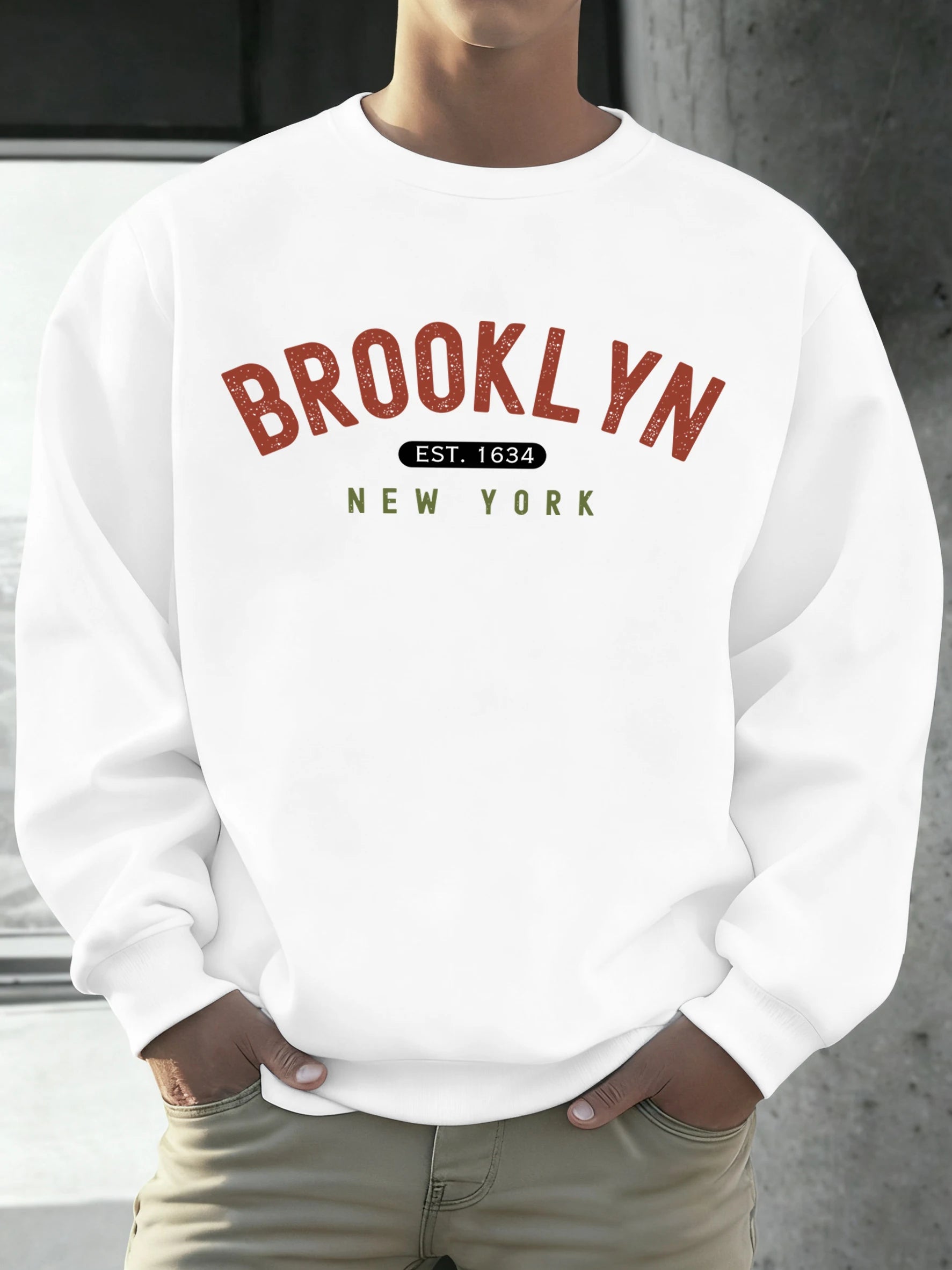 Brooklyn New York Est.1634 Print Streetwear Male Fleece Sweatshirt Autumn Casual O-Neck Clothes Unisex Vintage Soft Long Sleeve