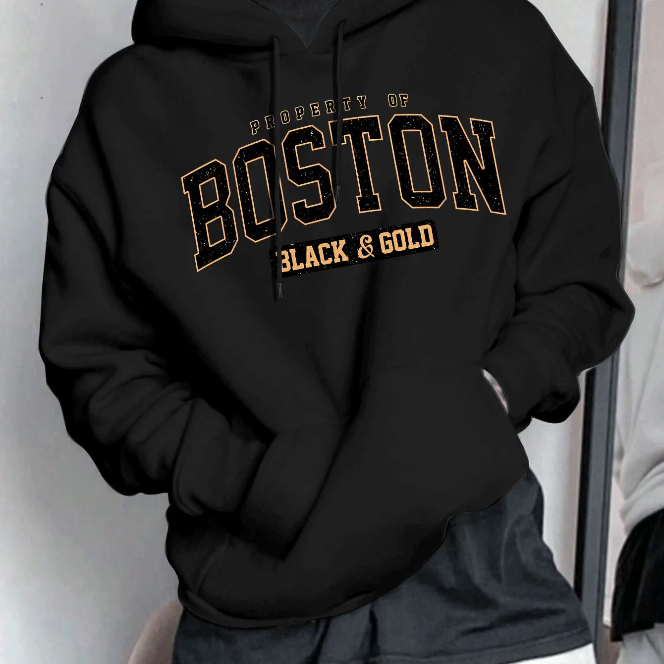 Men's Spring and Autumn Casual Warm Loose Fashion Boston Letter Pattern Printed Long Sleeve Round Neck Hoodie