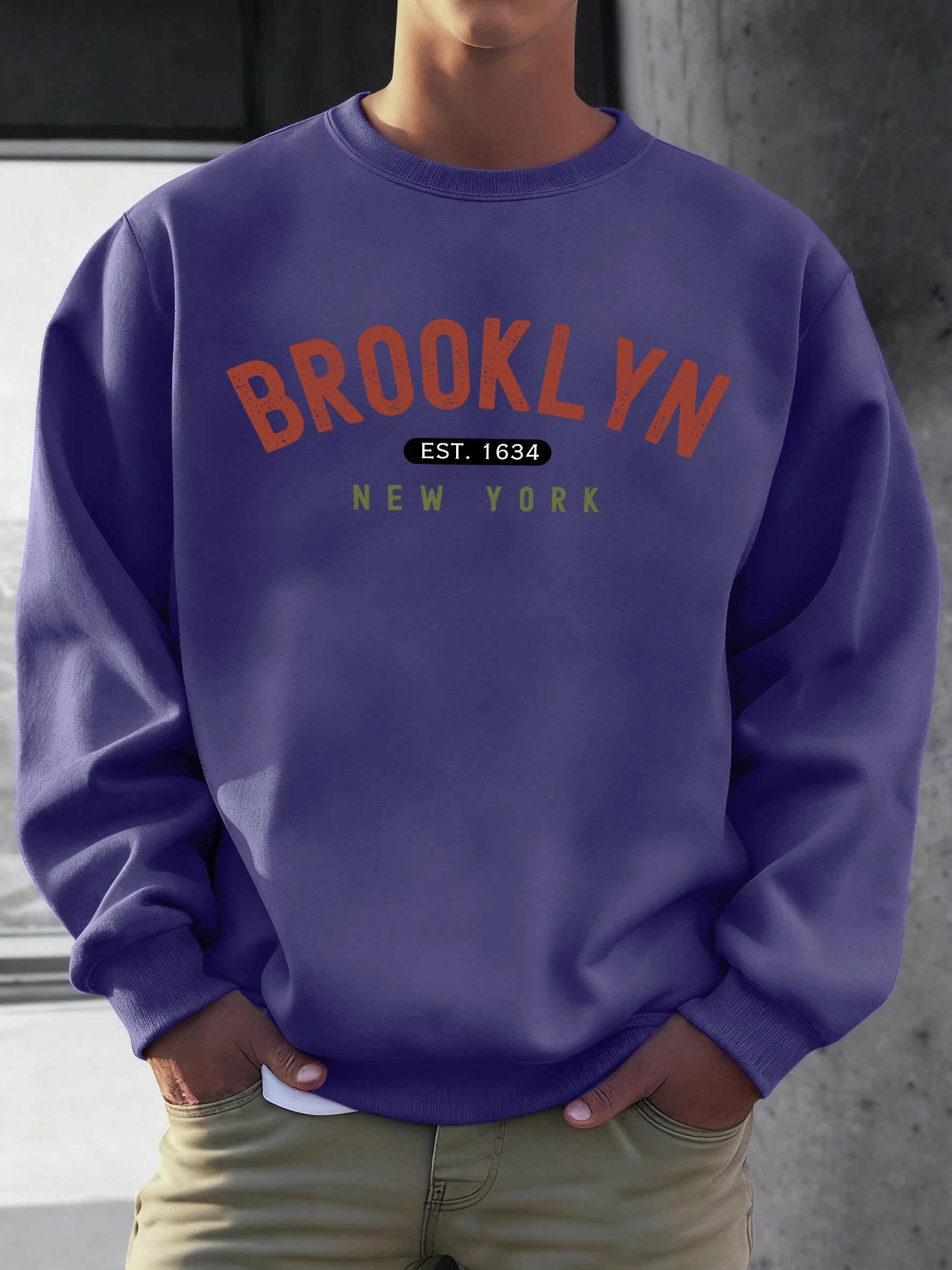 Brooklyn New York Est.1634 Print Streetwear Male Fleece Sweatshirt Autumn Casual O-Neck Clothes Unisex Vintage Soft Long Sleeve
