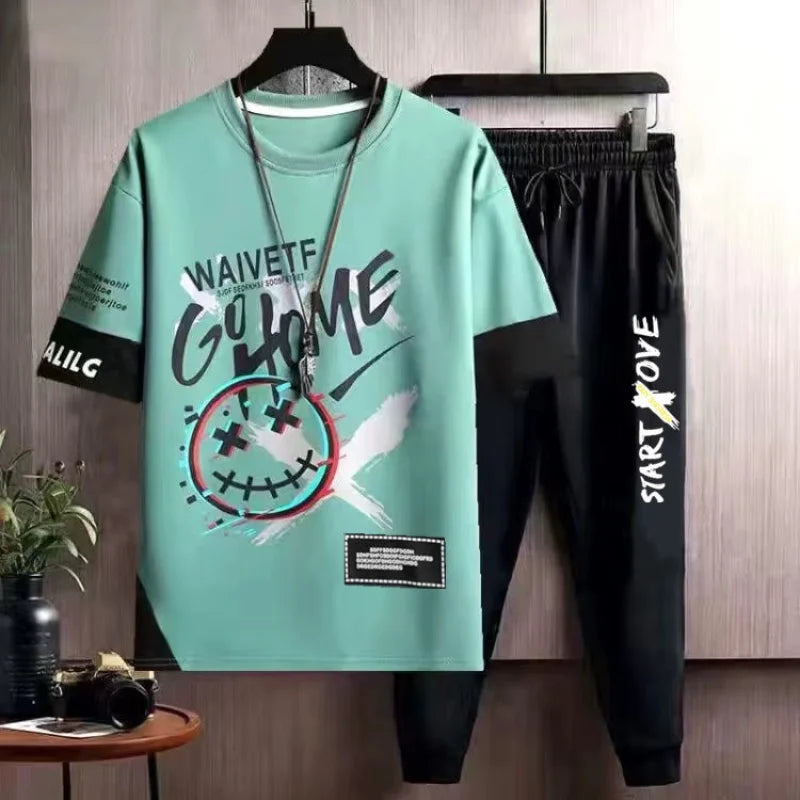 Clothes for Men Cool Stylish Tracksuit Elastic Pants Sets Jogging Polyester Chic Top Sports Suits Novelty In Kpop S Male T Shirt