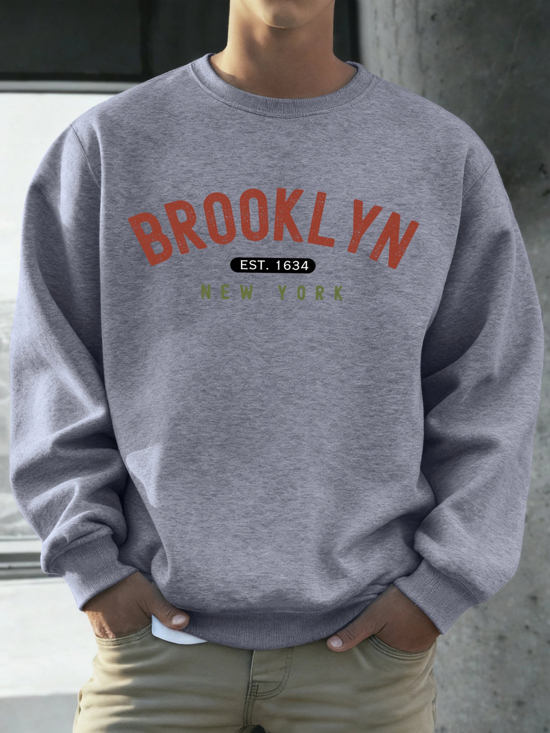 Brooklyn New York Est.1634 Print Streetwear Male Fleece Sweatshirt Autumn Casual O-Neck Clothes Unisex Vintage Soft Long Sleeve