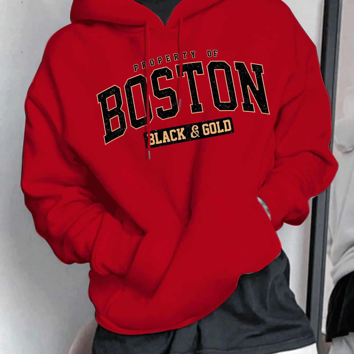 Men's Spring and Autumn Casual Warm Loose Fashion Boston Letter Pattern Printed Long Sleeve Round Neck Hoodie